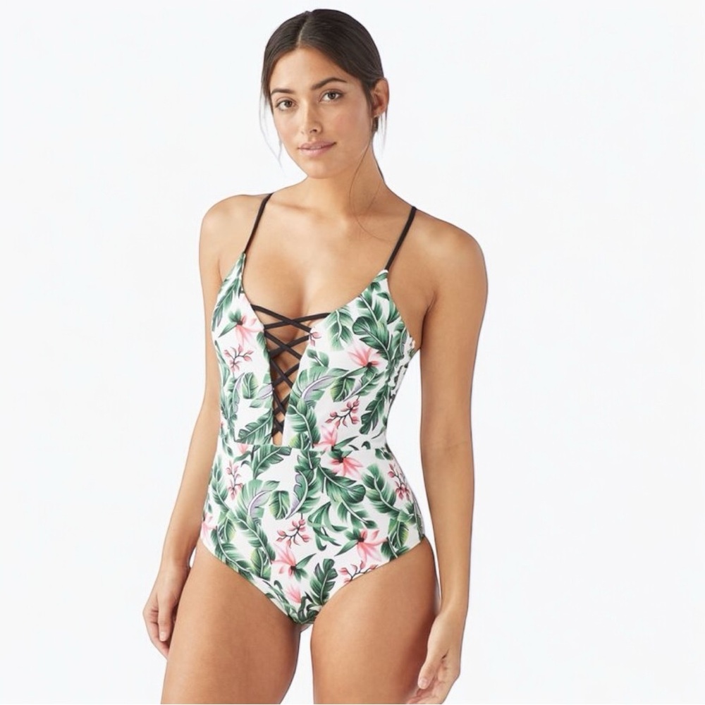 CaCelin Tropical Print Front Lace-Up One Piece Swimsuit